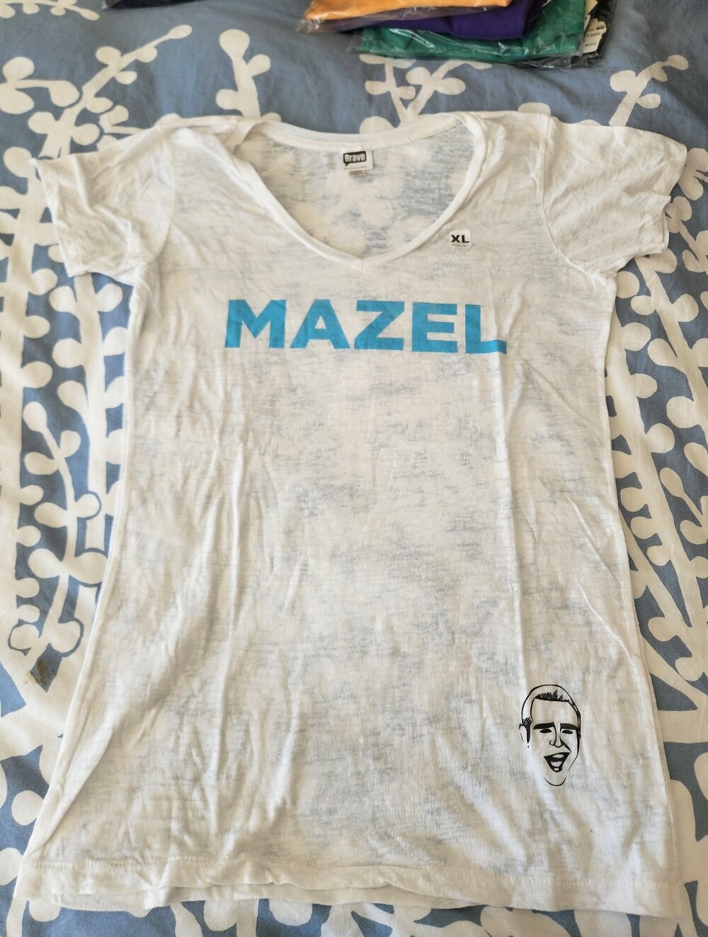 Bravo Mazel White Graphic Tee with Blue Logo - Size XL